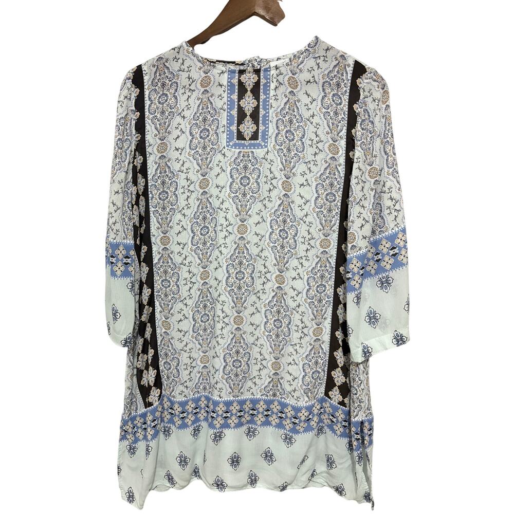 J Jill Petite Medium Blue Border Print Tunic Blouse 3/4 Sleeve Rayon Boho Top
